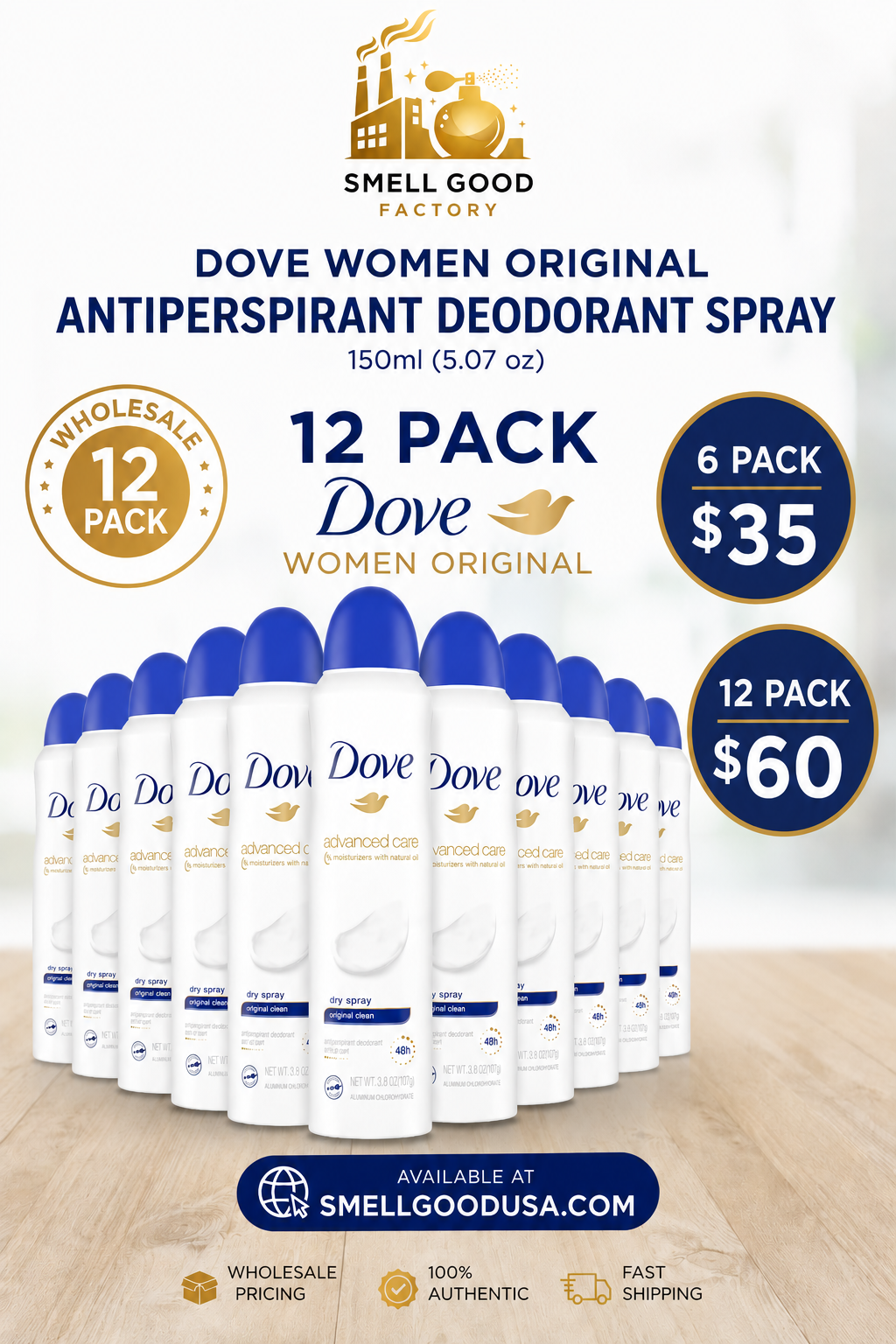 Dove - Advanced Care, Dry Spray Antiperspirant Deodorant, Original Clean - 3.8 Oz - 12 Units